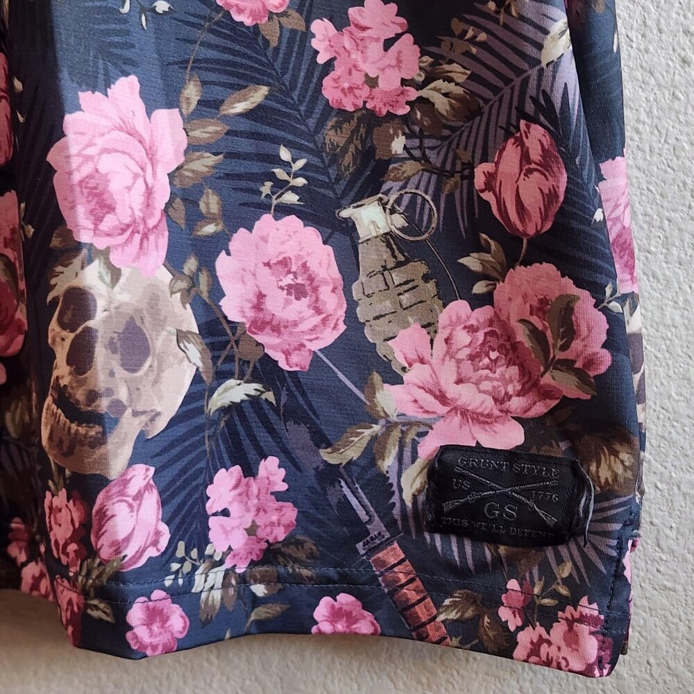 Grunt Style Polo Shirt Mens 2XL Black Pink Floral Skulls Grenades Stretch Golf - Picture 2 of 10